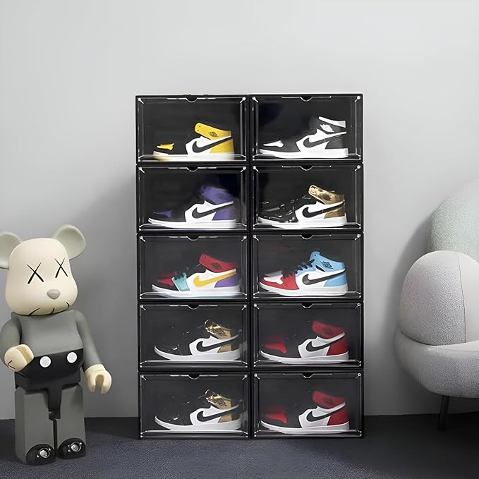 Shoe Storage Box for Sneakers - Heavy Duty with Magnetic Door (Black, PACK OF 1)